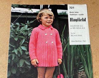Hayfield 721 1960s vintage knitting pattern child’s coat dress cable knit 26in chest