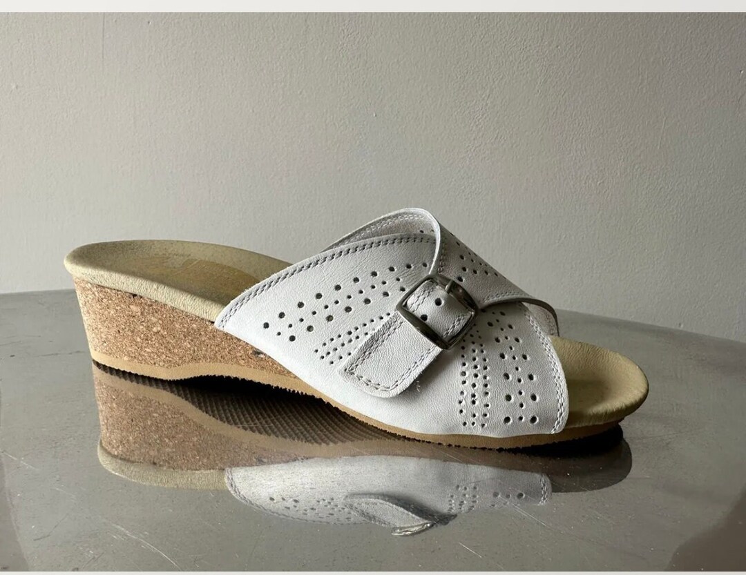 Worishofer 251 White Leather Cork Heel Wedge Buckle Sandals Etsy