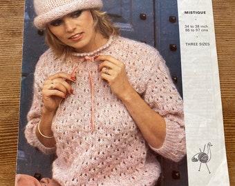 Emu 3344 Mistique Sweater and Hat vintage knitting pattern 3 sizes