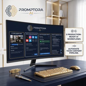 May include: A curved computer monitor displaying the PROMPTORA AI interface with sections for AI video workflows, social media automation, blog publishing, and content generation tools. A gold keyboard, gold mouse, gold USB drive, and pen are on the desk.