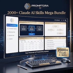 Op de afbeelding: Een gebogen computermonitor toont de interface van de PROMPTORA AI 2000+ Claude AI Skills Mega Bundle, met secties voor workflows, automatisering, marketingtools en productiviteit, inclusief een toetsenbord en een computermuis.