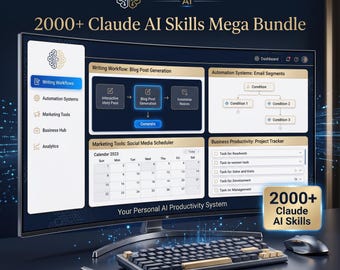 May include: A curved computer monitor displays the PROMPTORA AI 2000+ Claude AI Skills Mega Bundle interface, featuring sections for writing workflows, automation systems, marketing tools, and business productivity, with a keyboard and mouse.