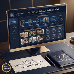 Puede incluir: Un monitor de computadora muestra un panel de flujo de trabajo de anuncios de video UGC con IA, con tuberías automatizadas, vistas previas de videos de influencers y métricas de campaña. Un cuaderno y un bolígrafo están colocados al lado.