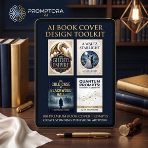 May include: A digital tablet displays the text AI BOOK COVER DESIGN TOOLKIT and 100 PREMIUM BOOK COVER PROMPTS CREATE STUNNING PUBLISHING ARTWORK. The screen shows four book cover examples titled The Gilded Empire, A Waltz in Starlight, The Cold Case at Blackwood Hall, and Quantum Prompts: Mastering AI Creativity.