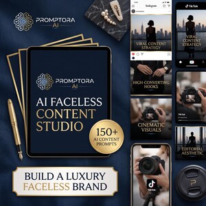 May include: A digital tablet displaying the text AI FACELESS CONTENT STUDIO and PROMPTORA AI logo, accompanied by a gold pen, a circular badge stating 150+ AI CONTENT PROMPTS, and a banner reading BUILD A LUXURY FACELESS BRAND on a dark blue background.