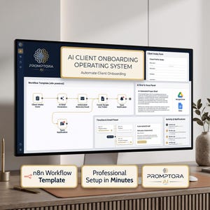 May include: A computer monitor displaying the Promptora AI Client Onboarding Operating System interface. The screen shows a workflow template with icons for client intake, AI brief generation, email, and notifications, alongside a project brief panel.