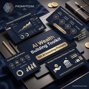 Op de afbeelding: Een digitale AI Wealth Building Toolkit-productset met donkerblauwe en gouden kaarten. Het bevat Premium Financial Dashboards, een Investment Learning Framework, Portfolio Illustrations en Modern Personal Finance Visuals met grafieken, iconen en tekst.