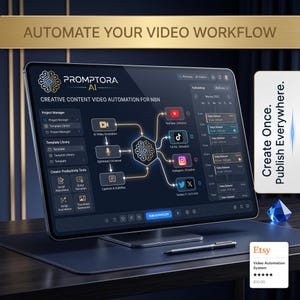 May include: A digital display showing the Promptora AI interface for video automation. The screen features a workflow diagram, scheduling calendar, and the text Automate Your Video Workflow, Create Once. Publish Everywhere, and Etsy Video Automation System.