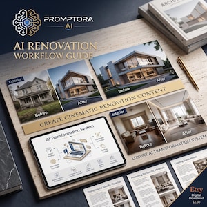 May include: A digital guide titled AI Renovation Workflow Guide featuring before and after images of home exteriors and interiors, a tablet displaying an AI Transformation System diagram, and printed pages on a textured surface with a gold pen.