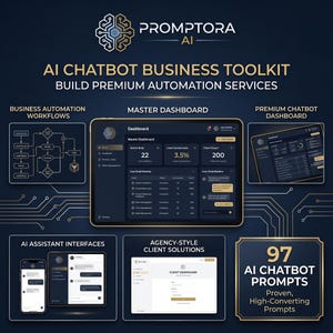 以下が含まれることがあります： Promptora AI Chatbot Business Toolkitのデジタルマーケティング画像。マスターダッシュボード、ビジネス自動化ワークフロー、プレミアムチャットボットダッシュボード、AIアシスタントインターフェース、および97個のAIプロンプトが表示されています。