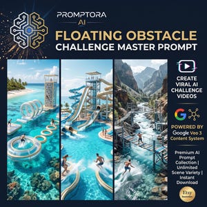 Könnte beinhalten: Eine digitale Grafik mit dem Titel PROMPTORA AI FLOATING OBSTACLE CHALLENGE MASTER PROMPT, die drei vertikale Paneele mit Hindernisparcours auf dem Wasser zeigt, darunter eine Kletterwand, Wasserrutschen und eine Flussbrücke, mit Text zur KI-Videogenerierung.