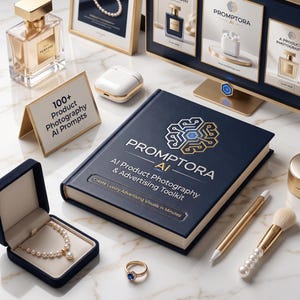 May include: A dark blue hardcover book titled PROMPTORA AI Product Photography & Advertising Toolkit, a pearl necklace in a navy box, a gold ring with a blue stone, a gold pen, a makeup brush, a perfume bottle, and a sign reading 100+ Product Photography AI Prompts.