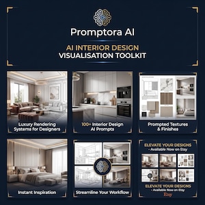 Puede incluir: Un gráfico digital para el kit de herramientas de visualización de diseño de interiores Promptora AI. El diseño azul oscuro presenta seis paneles que muestran renders de interiores, muestras de texturas y herramientas de trabajo con detalles dorados.