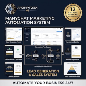 Puede incluir: Un sistema de automatización de marketing digital con el logotipo de Promptora AI, un panel central de ManyChat y seis ventanas de interfaz más pequeñas que muestran generación de leads, reserva de citas, captura de correos, registro de seminarios y embudos de ventas.