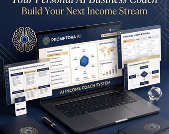 May include: A laptop displaying the Promptora AI Income Coach System dashboard with business planning frameworks, income roadmaps, and productivity workflows. Two dark blue notebooks with gold logos, a pen, and a crystal sit on a dark blue surface.