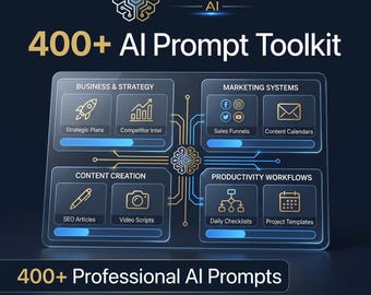 May include: A digital graphic for a 400+ AI Prompt Toolkit by PROMPTORA AI. The display features four categories: Business & Strategy, Marketing Systems, Content Creation, and Productivity Workflows, each with icons and progress bars on a dark background.