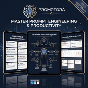 Może przedstawiać: Trzy tablety wyświetlają treści cyfrowe zatytułowane Master Prompt Engineering & Productivity, 100 Advanced Claude AI Prompts, Advanced Workflow System oraz Productivity Frameworks, zawierające schematy blokowe, kalendarze i listy na ciemnym tle.