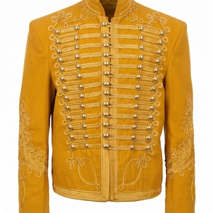 Men's Yellow Hussar Jacket | Gold Braided Military Tunic | Steampunk Marching Band Coat | Jimi Hendrix Pepper Ceremonial Jacket