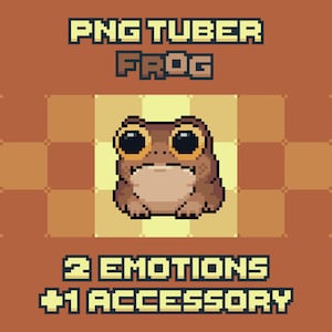 Könnte beinhalten: Eine Pixel-Art-Illustration eines braunen Frosches mit großen schwarzen Augen und einem hellbeigen Bauch. Der Text PNG TUBER FROG steht oben und 2 EMOTIONS + 1 ACCESSORY unten. Der Frosch ist auf einem gelb-orangen Raster zentriert.