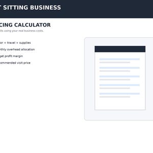 May include: A digital interface for a pet sitting business pricing calculator. The layout features the text PET SITTING BUSINESS and PRICING CALCULATOR, with a list of factors including labor, travel, supplies, overhead, and profit margin.