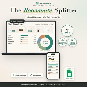 Op de afbeelding: Een digitale budgettracker genaamd The Roommate Splitter, met een laptop en smartphone die een dashboard tonen met uitgavencategorieën, grafieken en automatisch berekende totalen in euro's. Inclusief zeven tabbladen, Google Sheets-compatibiliteit en iconen voor directe downloads.
