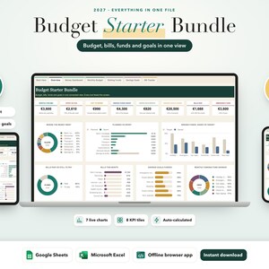 Budgetspreadsheetpakket 2027: Google Sheets, Excel, budgetplanner, sjabloon, starterskit, schulden aflossen, sparen, rekeningen bijhouden, salarisstrook.