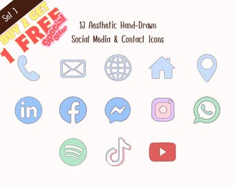 May include: A collection of 13 hand-drawn social media and contact icons in pastel colors. The set includes symbols for phone, email, globe, home, location, LinkedIn, Facebook, Messenger, Instagram, WhatsApp, Spotify, TikTok, and YouTube.