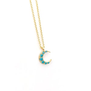 Moon Necklace, Tiny moon crescent with turquoise cubic zirconia, Gold plated moon necklace, Layering necklace, Summer Necklace