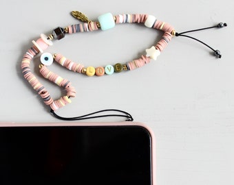 Perlen Handy Charm, Pastell Telefon Lanyard, Perlen Handyhalter, Dusty PInk Gurt für Telefon, Handygurt für Freundin, Handy Handgelenk Griff