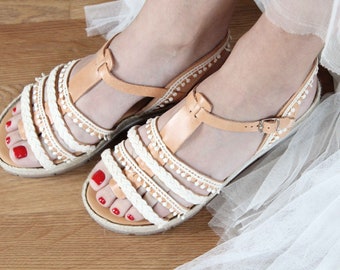 Boho Gladiator Sandals, Flatform Shoes, Boho Bridal Sandals, Bohemian Bride, White Strappy Shoes