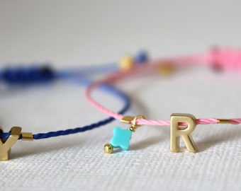 Gold Letter Bracelet, Initial Friendship Bracelet, Adjustable bracelet, Colorful Bracelet, Tiny Letter Charm, Blue pendant