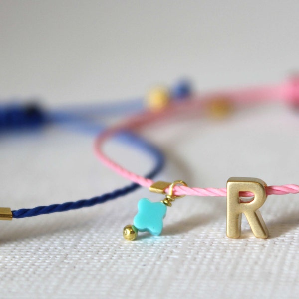 Gold Letter Bracelet, Initial Friendship Bracelet, Adjustable bracelet, Colorful Bracelet, Tiny Letter Charm, Blue pendant