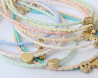 Pastel charm bracelet , beaded bracelet , gold charm bracelet , tiny charm bracelet , Heart bracelet , tiny star bracelet