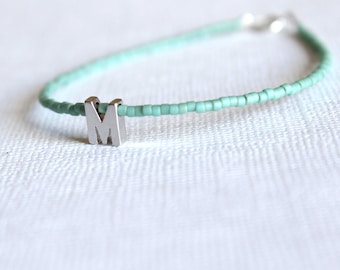 Initial bead bracelet ,Personalized Friendship Bracelet, Tiny Letter Bracelet,Rhodium Monogram Bracelet,Silver Name bracelet