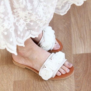 Rose Wedding Slippers, Ivory Sandals, Beach Shoes, Romantic Wedding Accessories, White Flat Shoes, Wedding Slippers, Greek Sandals