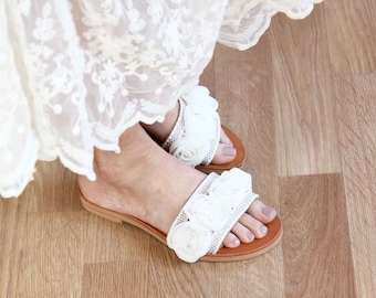 Rose Wedding Slippers, Ivory Sandals, Beach Shoes, Romantic Wedding Accessories, White Flat Shoes, Wedding Slippers, Greek Sandals