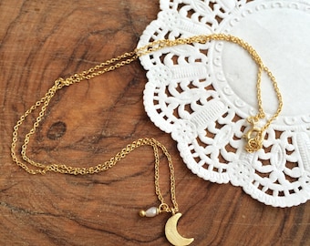 Tiny Moon necklace , Gold plated chain necklace, Little moon necklace, Pearl and Crescent necklace, Everyday necklace