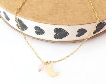 Moon necklace , Gold plated chain necklace, Little moon necklace, Pink and Crescent necklace, Everyday necklace
