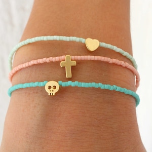 Tiny Charm Bracelets , Beaded Bracelets with charm , Pastel Bracelets , Tiny Skull Bracelet , Tiny Heart , Tiny Cross - Tiny Star