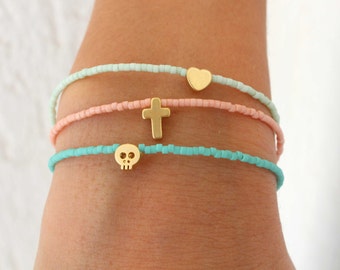 Tiny Charm Bracelets , Beaded Bracelets with charm , Pastel Bracelets , Tiny Skull Bracelet , Tiny Heart , Tiny Cross - Tiny Star