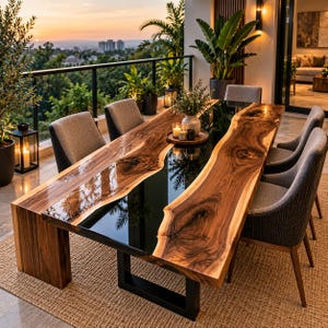 May include: A rectangular dining table featuring two thick, natural live-edge wood slabs with a dark, glossy black resin river running through the centre. The table is supported by a black metal frame and is surrounded by six grey upholstered chairs.