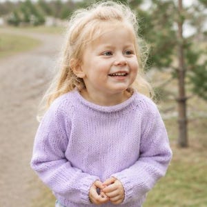 Puede incluir: Un suéter de punto de manga larga en color violeta claro con cuello redondo y puños acanalados. La prenda presenta un patrón de punto texturizado a lo largo de las mangas raglán y un diseño sencillo y limpio con un acabado de color sólido.