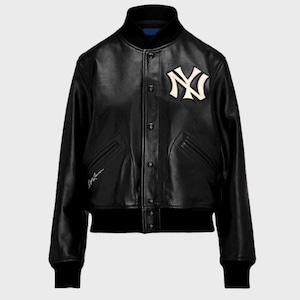 Ralph Lauren NY Yankees Leather Jacket, Black Bomber Varsity Jacket, Genuine Leather Baseball Coat, RL Logo Patch, Men Women Gift