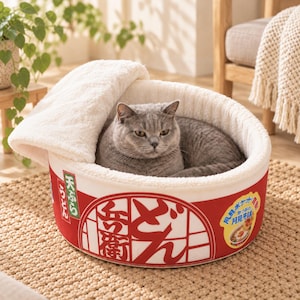 Puede incluir: Una cama redonda y afelpada para mascotas con forma de vaso de fideos instantáneos rojo, con interior blanco suave y tapa extraíble. Un gato gris descansa dentro de la cama, que presenta caracteres japoneses y un gráfico de un tazón.