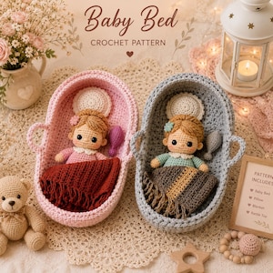 Crochet Baby Doll Bed Pattern PDF | Moses Basket, Blanket & Pillow | Amigurumi Doll Nursery Set | DIY Baby Doll Bedding | Instant Download