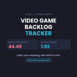 May include: A digital template for Excel and Google Sheets titled Video Game Backlog Tracker. It displays data fields for Money Sitting Unplayed at 44.49 and Avg Cost Per Hour at 1.93, with the text Clear your backlog. See what it cost and Instant Download.