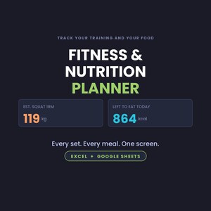 May include: A digital fitness and nutrition planner interface on a dark background. Text reads: TRACK YOUR TRAINING AND YOUR FOOD, FITNESS & NUTRITION PLANNER, EST. SQUAT 1RM 119 kg, LEFT TO EAT TODAY 864 kcal, Every set. Every meal. One screen. EXCEL + GOOGLE SHEETS.