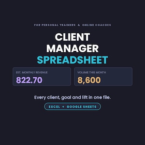 May include: A digital client manager spreadsheet for personal trainers and online coaches. The dark interface displays text including FOR PERSONAL TRAINERS & ONLINE COACHES, CLIENT MANAGER SPREADSHEET, EST. MONTHLY REVENUE 822.70, VOLUME THIS MONTH 8,600, Every client, goal and lift in one file, and EXCEL + GOOGLE SHEETS.