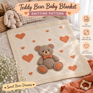 Teddy Bear Baby Blanket Knitting Pattern with Hearts, PDF, 30 x 36 in