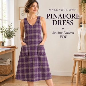 Könnte beinhalten: Ein ärmelloses Trägerkleid mit violett-beigem Karomuster, V-Ausschnitt und zwei aufgesetzten Vordertaschen. Der Text lautet: MAKE YOUR OWN PINAFORE DRESS Sewing Pattern PDF.